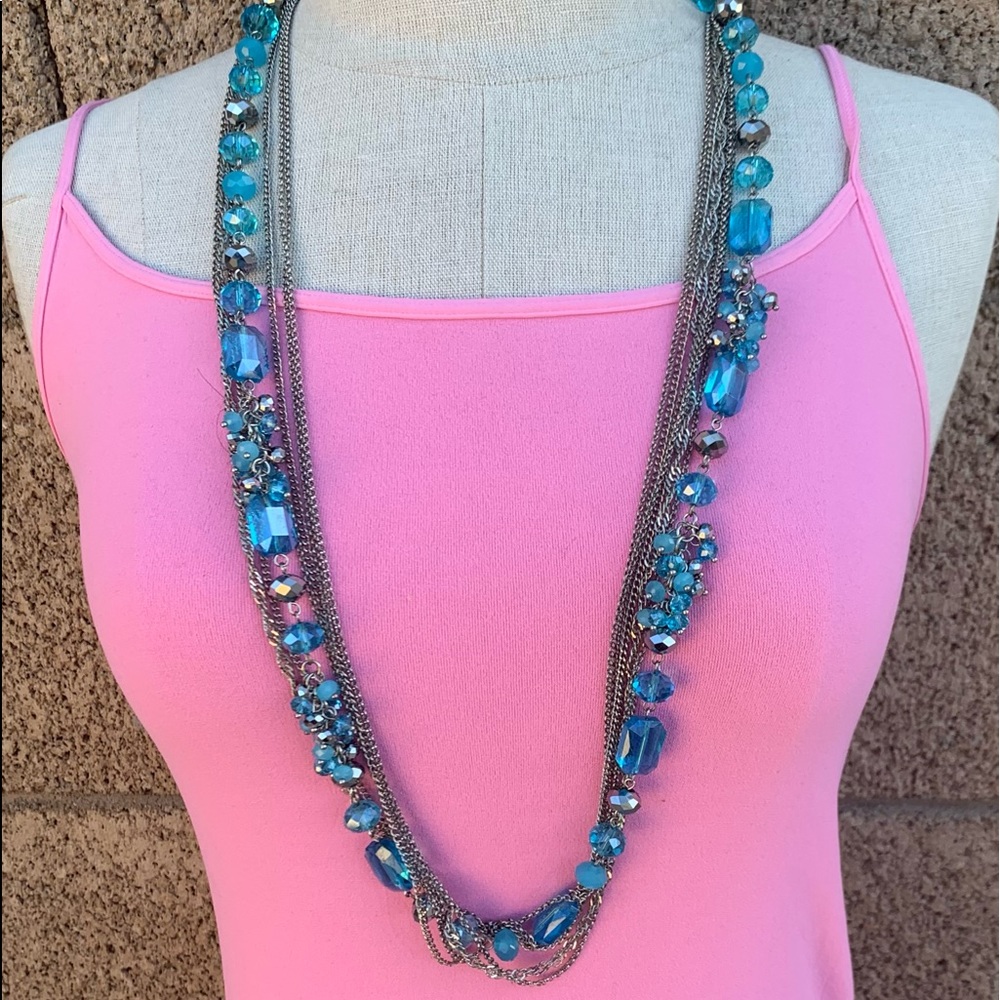 Aquamarine and Prism Bead Seven Layer Silver Rhodium Statement Necklace